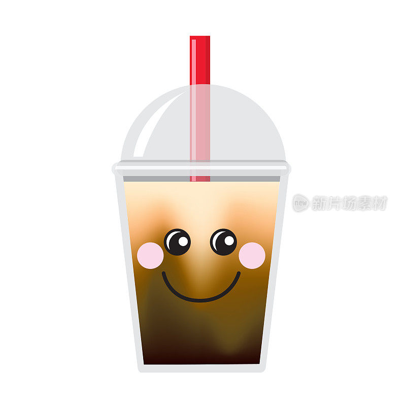 Happy Emoji Kawaii face on Bubble or Boba Tea Classic Milk Tea Brown Sugar Flavor Full color Icon on white background